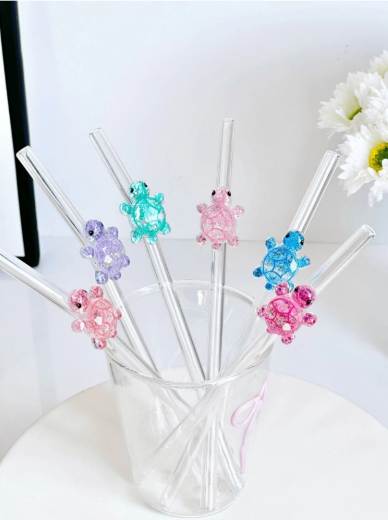 Reusable Straw - 1/3/6PCS Turtle Design Glass Straws Colorful
