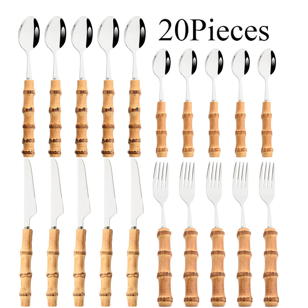 Bamboo Cutlery - Drmfiy 5/20Pcs Kitchen Silver Dinnerware Stainless