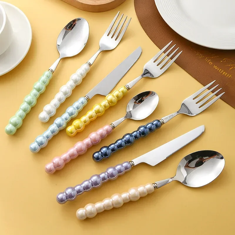 Bamboo Cutlery - 4Pcs Luxury Dinnerware Set Ceramic Pearl