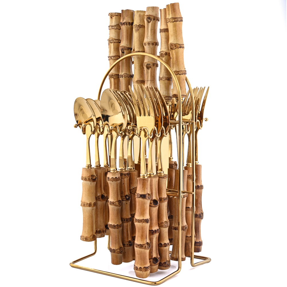 Bamboo Cutlery - 6//24Pcs Dinnerware Sets Bamboo Handle Stainless