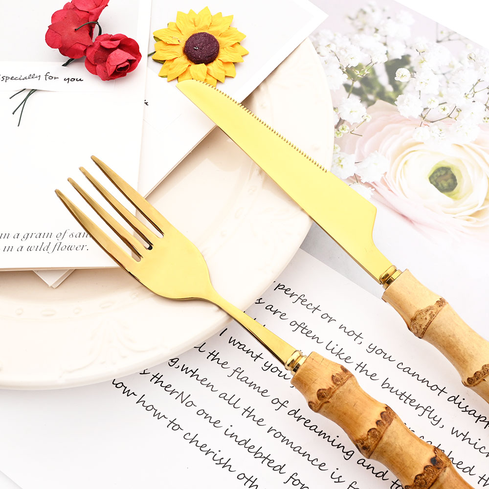 Drmfiy Gold Dinner Fork Cutler - Bamboo Cutlery ulasan dan harga