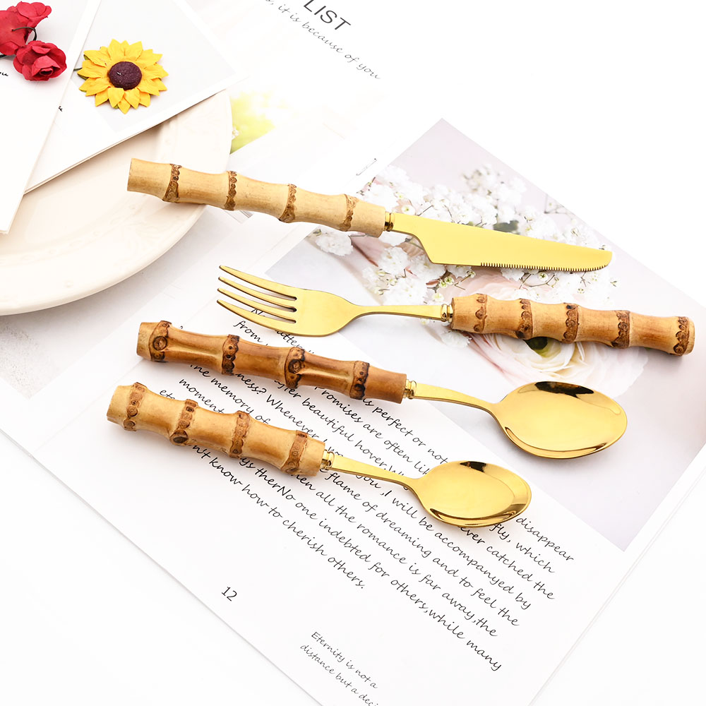 Drmfiy Gold Dinner Fork Cutler - Bamboo Cutlery ulasan dan harga
