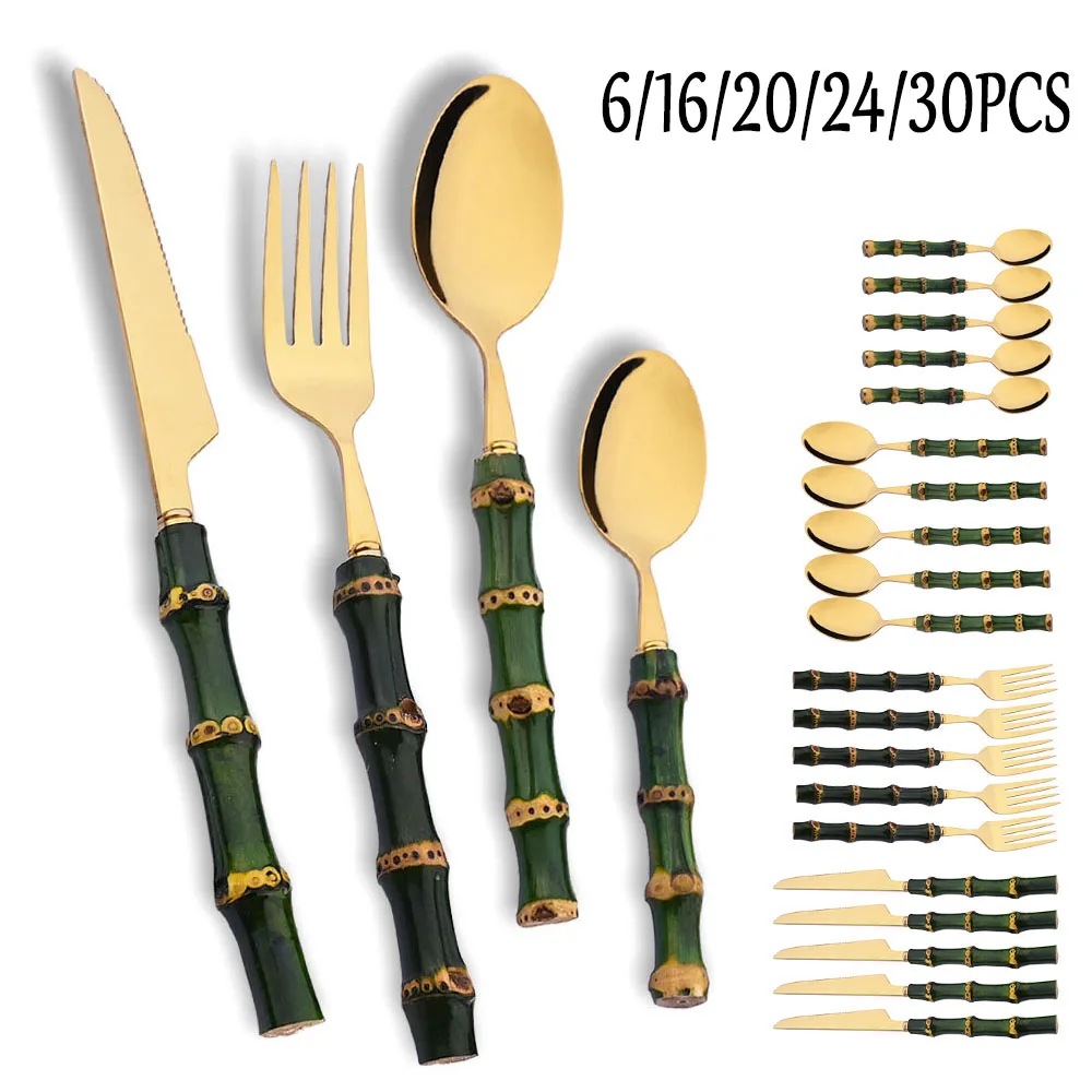 6/16/20/24/30Pcs Green Bamboo  - Bamboo Cutlery ulasan dan harga